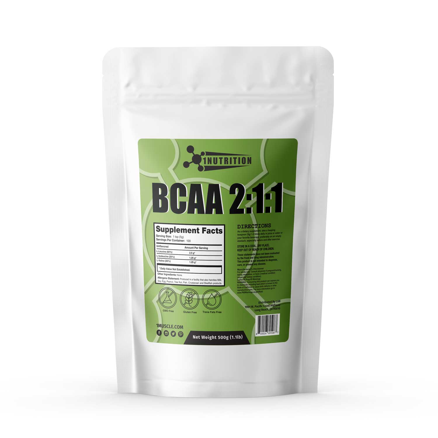 BCAA 2:1:1 [プラント・ベース] 500G - 1Muscle.com