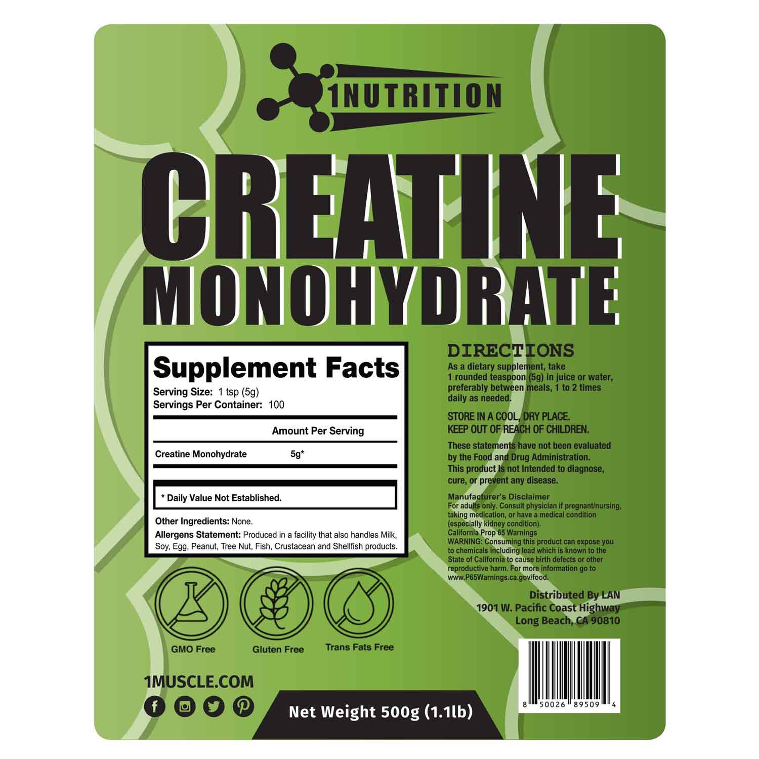 CREATINE MONOHYDRATE [プラント・ベース] - 1Muscle.com