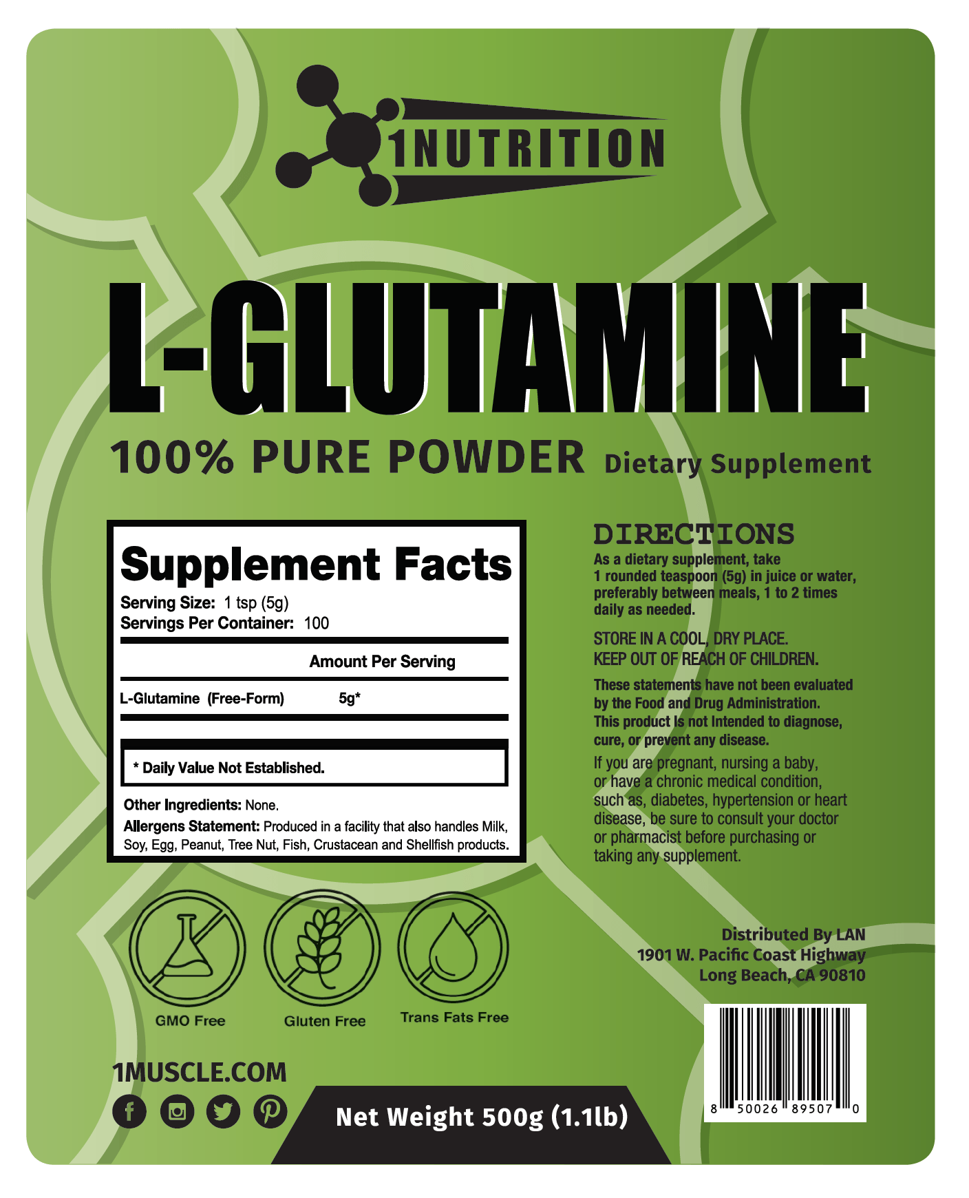 L-GLUTAMINE / L-グルタミン [プラント・ベース] 500G - 1Muscle.com